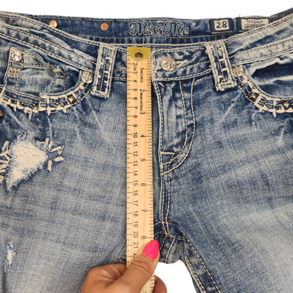 Miss Me Jeans 28 Cuffed Capri Faded Destroyed Abrasion Y2k Pocket Flap - Picture 9 of 10